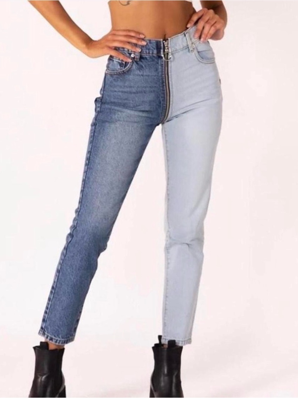REVICE Two-Tone High-Rise Straight Leg Jeans - Dark Blue & Light Blue